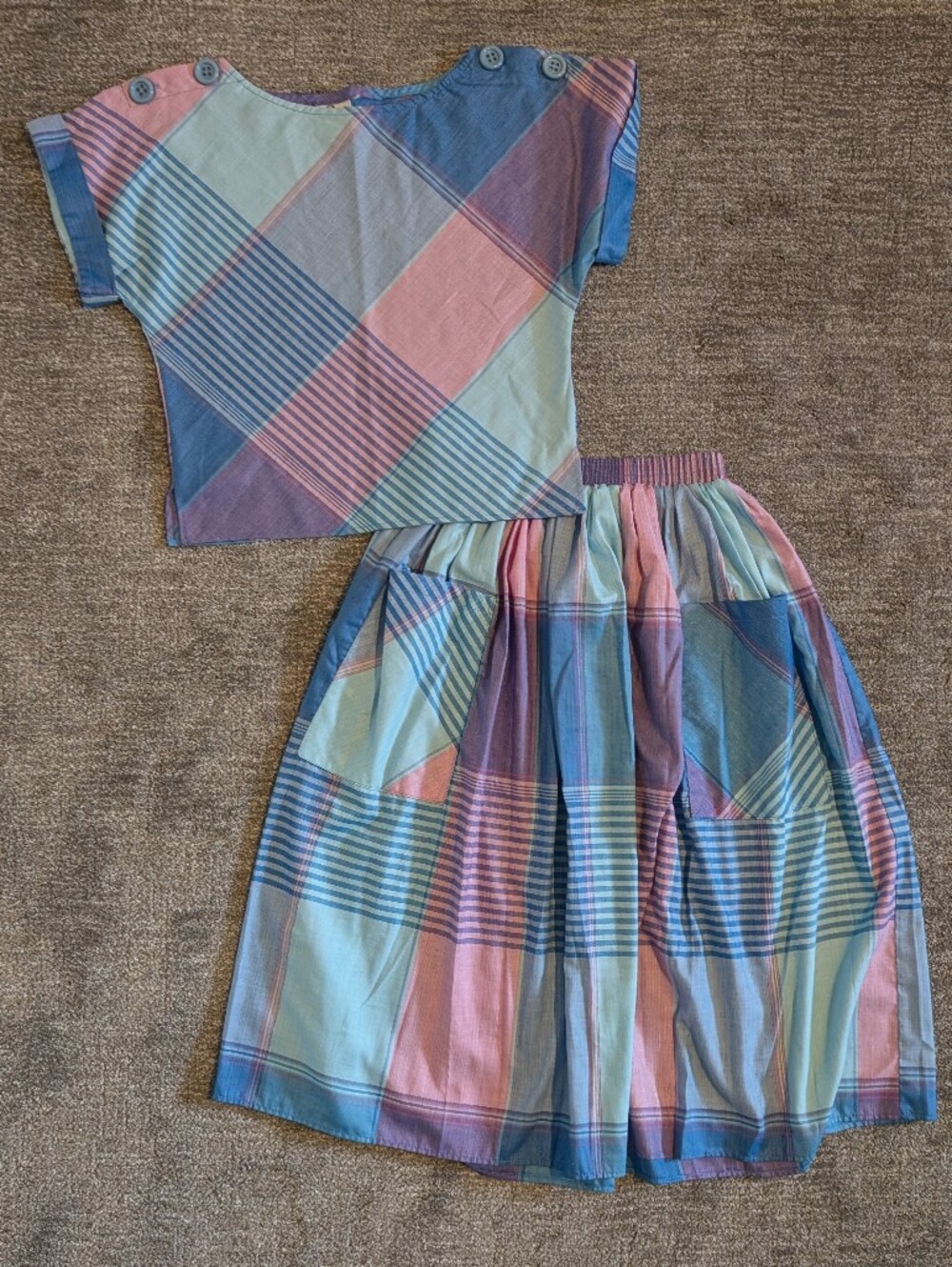 Vintage Byer California Pastel Blue Pink Plaid Top & Skirt Set - Medium